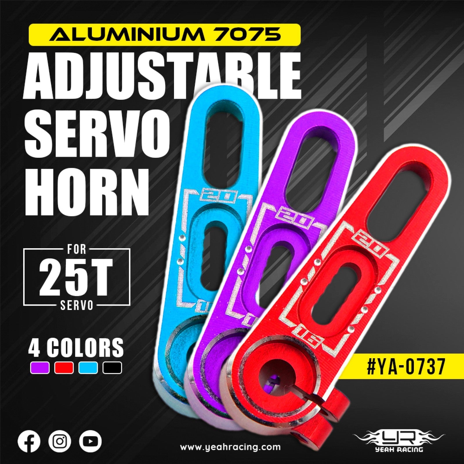 Yeah Racing 25T Aluminum 7075 Adjustable Servo Horn 15.5mm to 20mm (0.5mm step) Blue, YA-0737BU