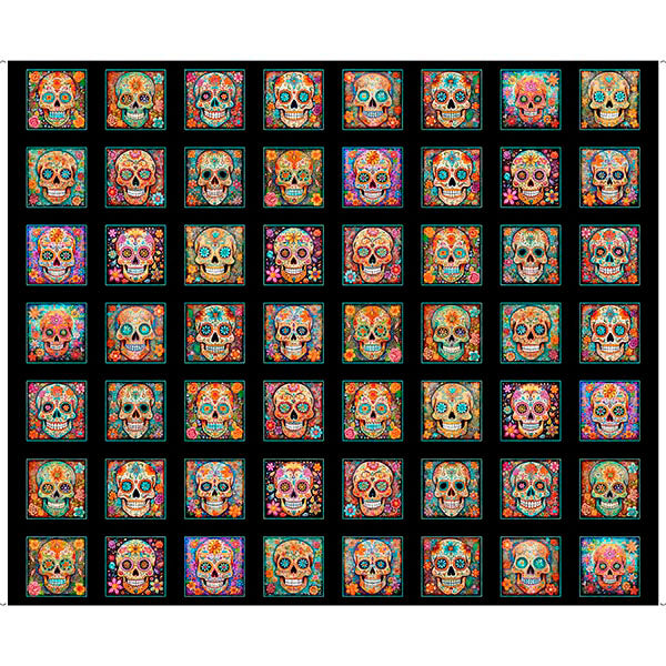 QT FABRICS - Skullduggery - PANEL - Sugar Skull Patches - Black - PL1161-