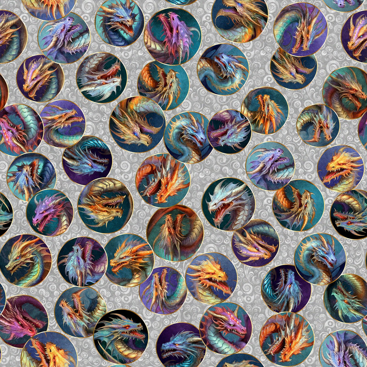 QT FABRICS - Dragon's Song by Morris Creative Group - Dragon Heads - Gray