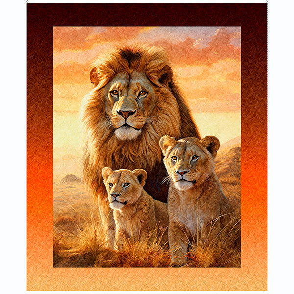 QTFABRICS - Roar of the Pride - Lion & Cubs Panel - Burnt Orange - Panel - PL1250