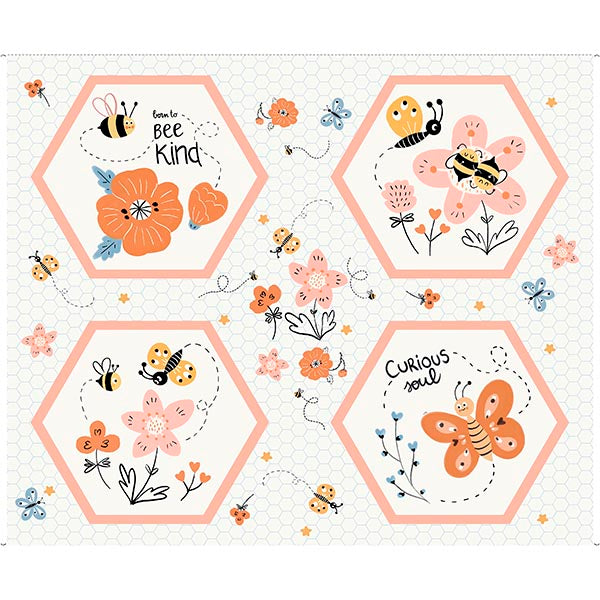 QT FABRICS - Bee Kind & Curious - Bee & Floral Hexagon Patch Panel - Ecru - PL1282