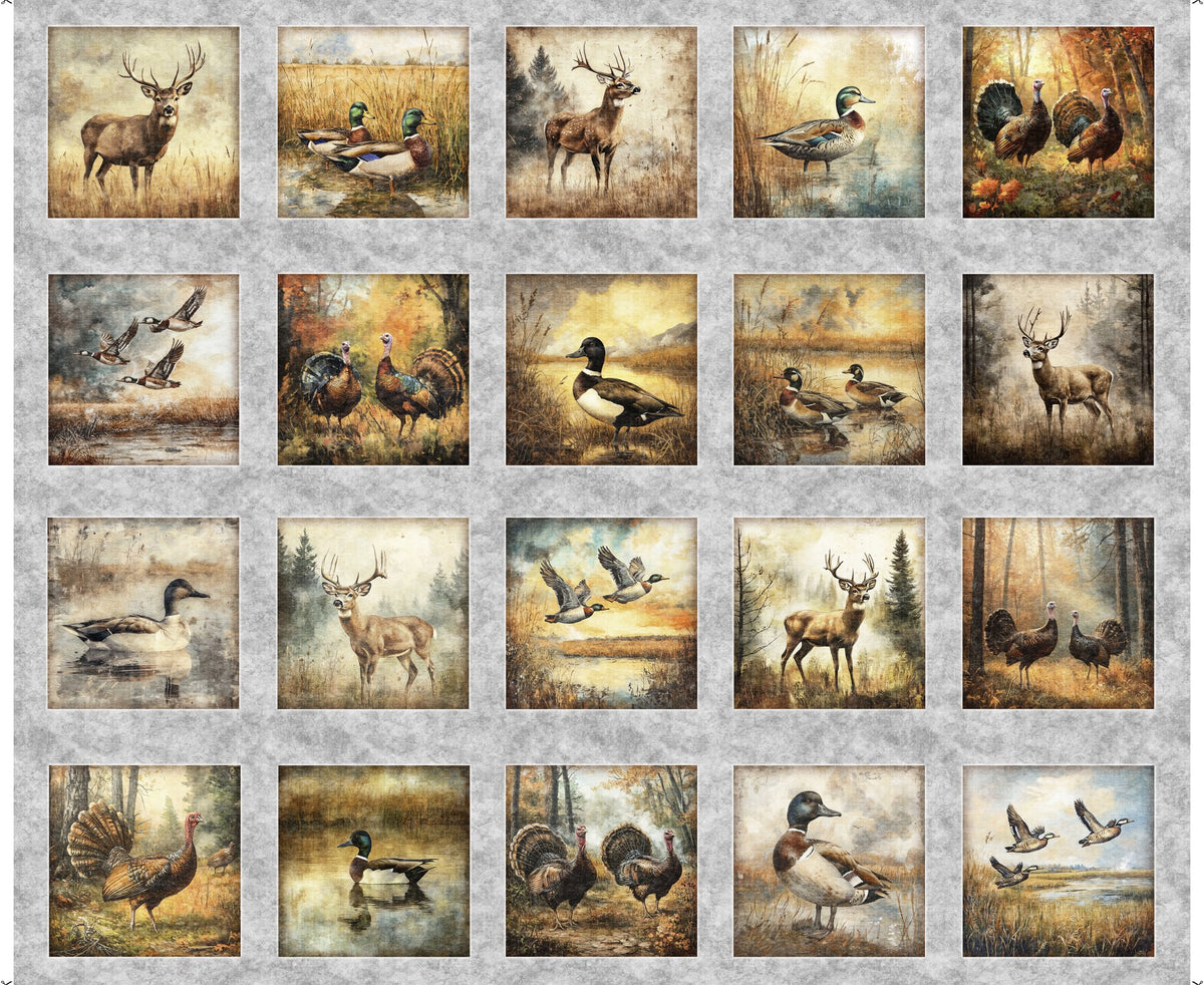 QT FABRICS - Forest, Field & Stream - PANEL - Wildlife Patches - Gray - PL1181-