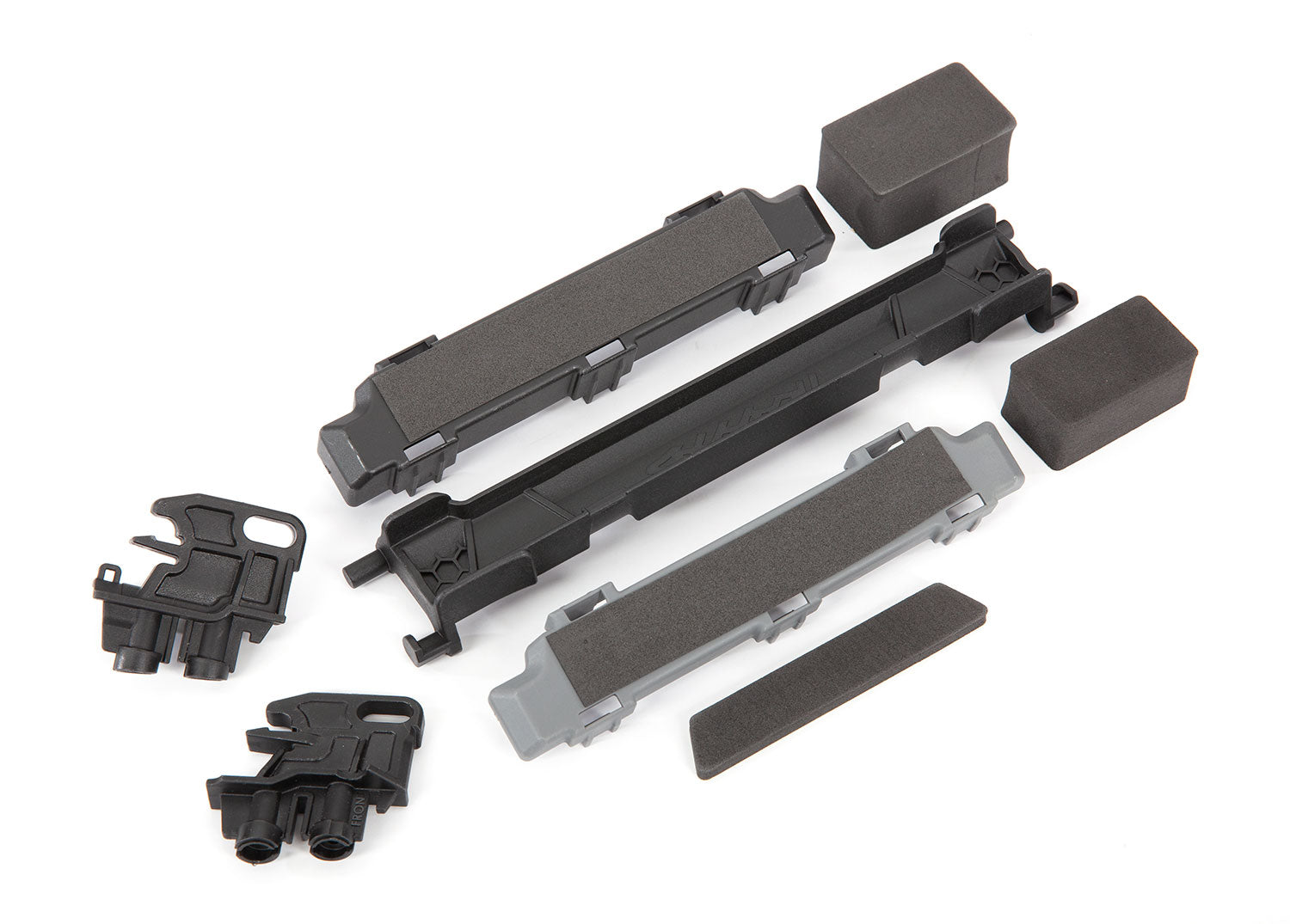 Battery Hold-Down Mounts (front & rear)/ battery compartment spacers/ foam pads (fits Maxx with extended chassis (352mm wheelbase)), TRA-8919R