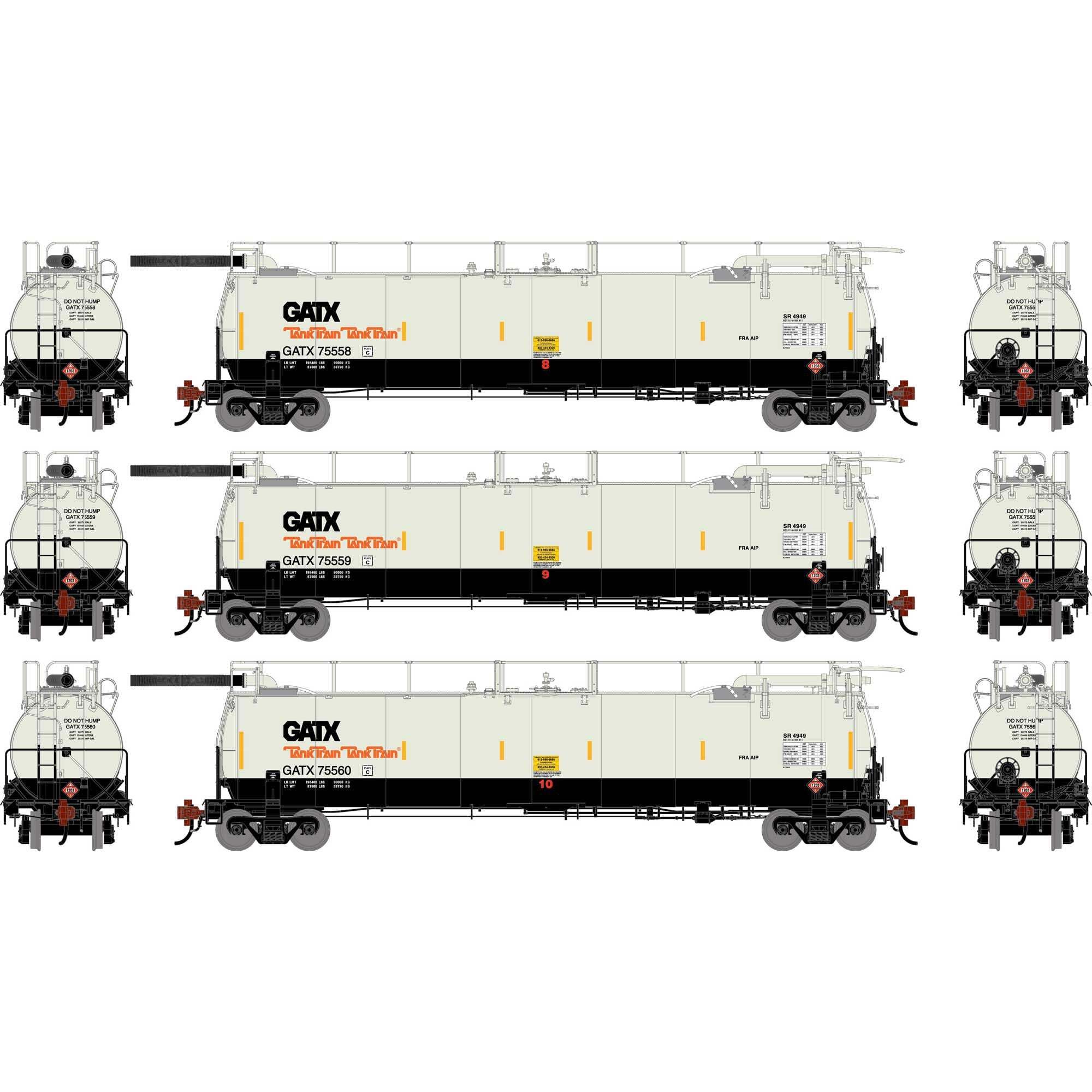 HO TankTrain Intermediate GATX White/Black Three-Pack (ATHG-1329)