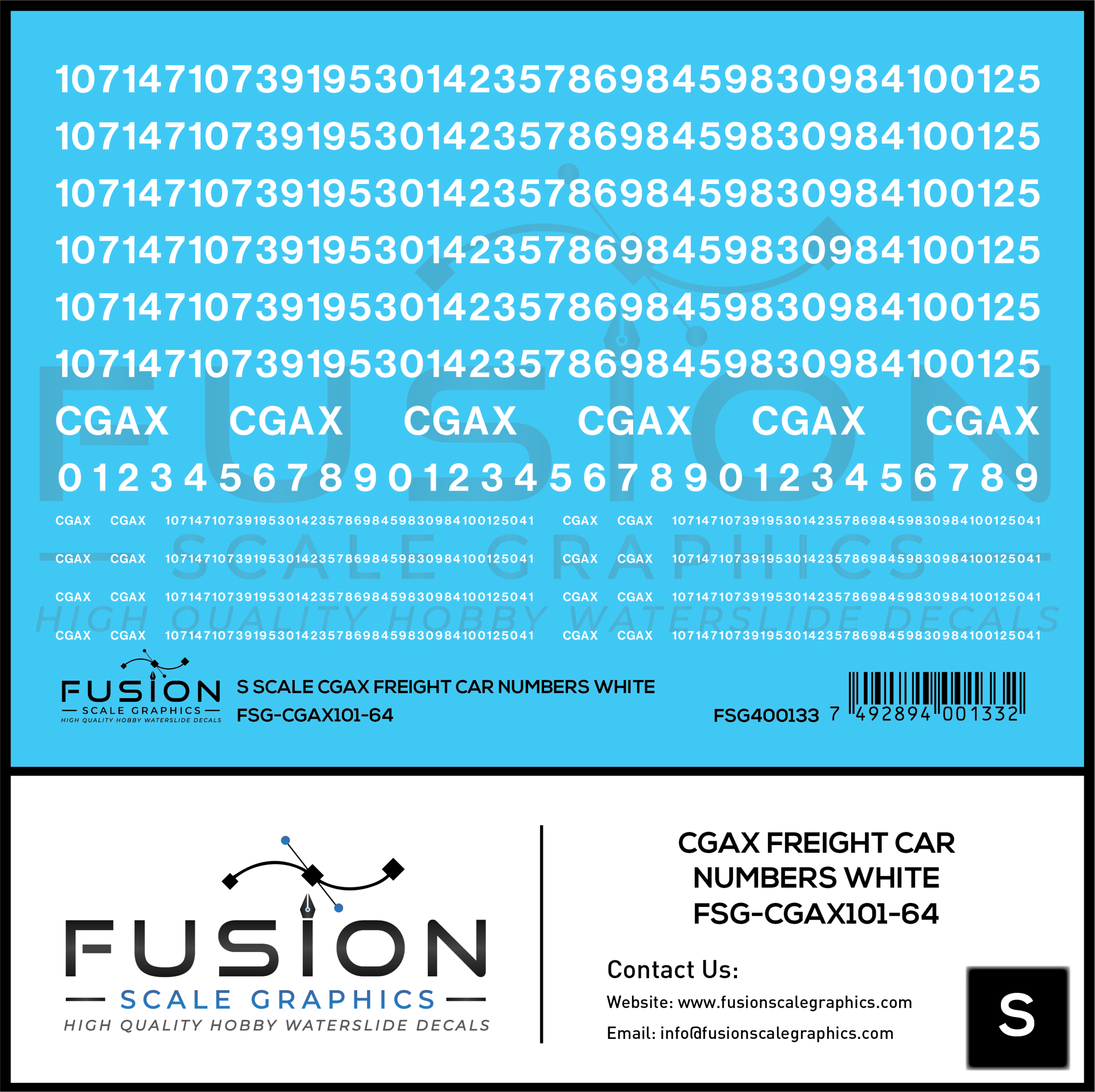 S Scale White CGAX Freight Car Numbering Decal Set
