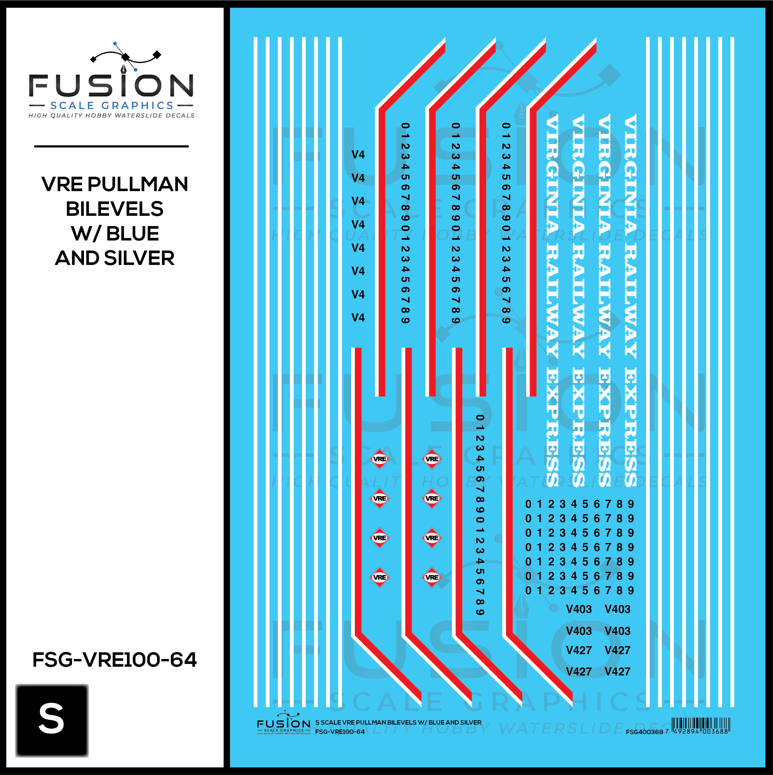 S Scale VRE Virginia Railway Express Blue Top Pullman BiLevel Decal Set