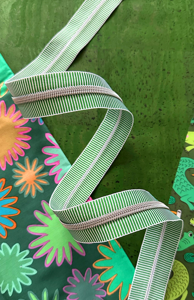 Green Stripe Zipper Tape With Nickel Teeth by Shayla Wolf