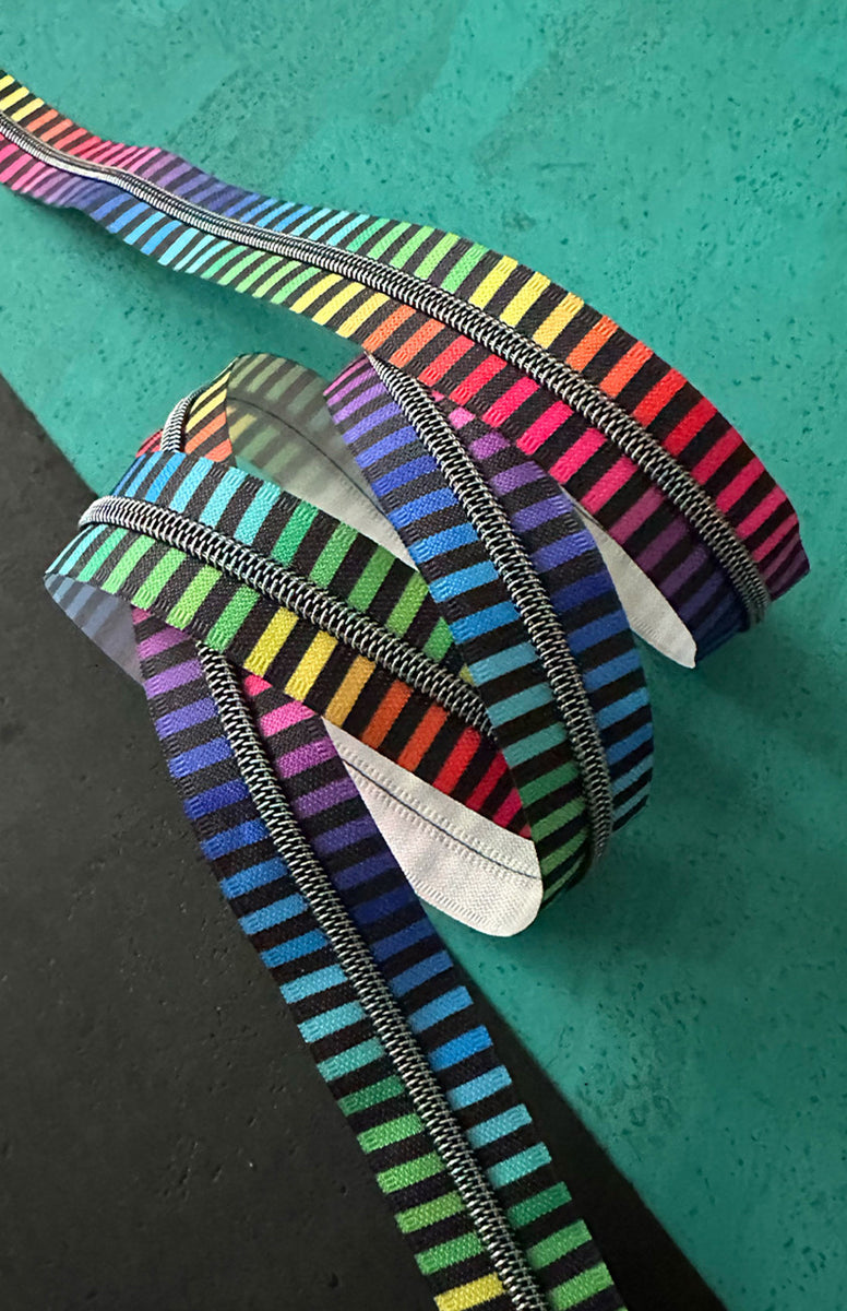Wide Rainbow Stripe Zipper Tape With Iridescent Teeth by Shayla Wolf