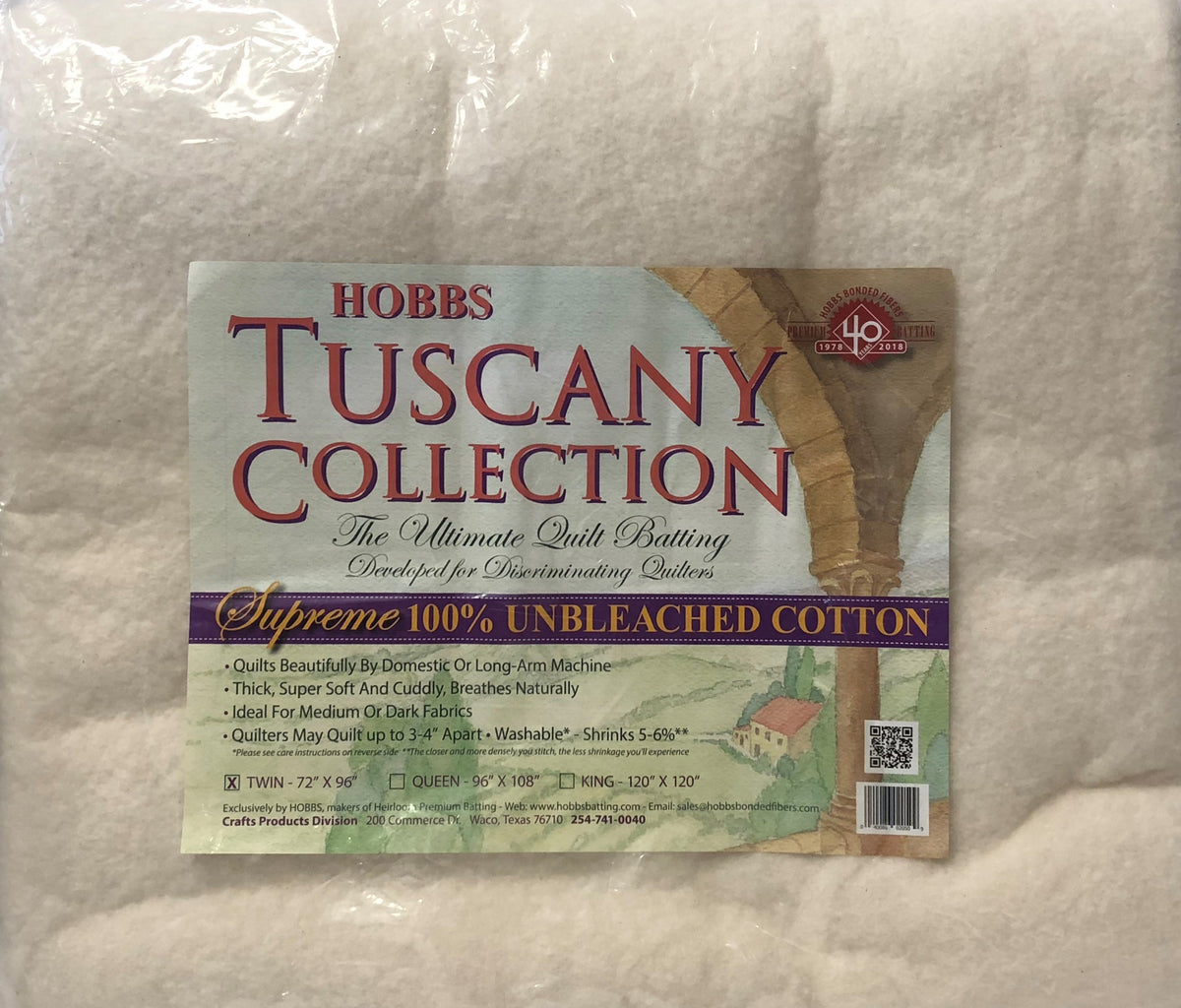 Hobbs - Tuscany Supreme 100% NATURAL Cotton Batting TWIN 72"x96"
