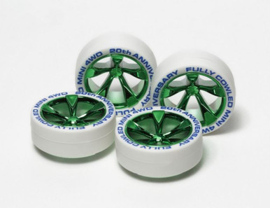 Tamiya 95075 Mini 4WD Low Profile White Tyre & Green Plated Wheel Set