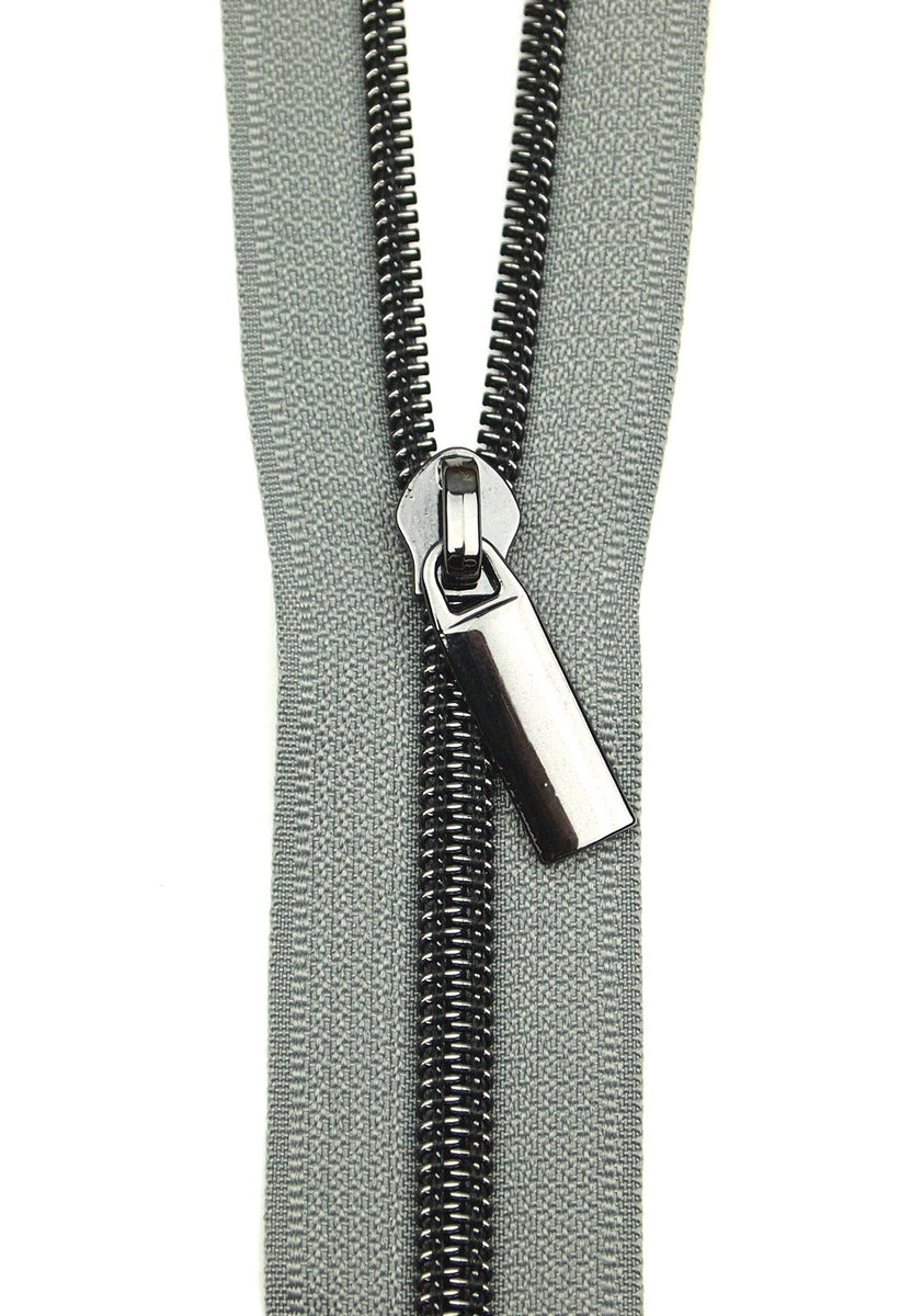 Zipper - Grey #5 Nylon Gunmetal Coil Zippers: 3 Yards with 9 Pulls