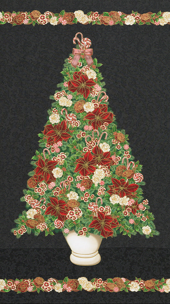 KAUFMAN - Holiday Flourish - Peppermint Twist - PANEL - Metallic - Black - PL1200-