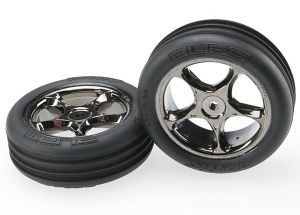 Traxxas 2471A Tires & wheels, assembled (Tracer 2.2" black chrome wheels, AliasÂ ribbed 2.2" tires) (2) (Bandit front, medium compound w/ foam inserts)