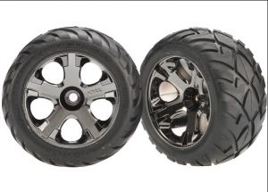 Traxxas 3777A Tires & wheels, assembled, glued (All-Star black chrome wheels, Anaconda tires, foam inserts) (nitro front) (1 left, 1 right)