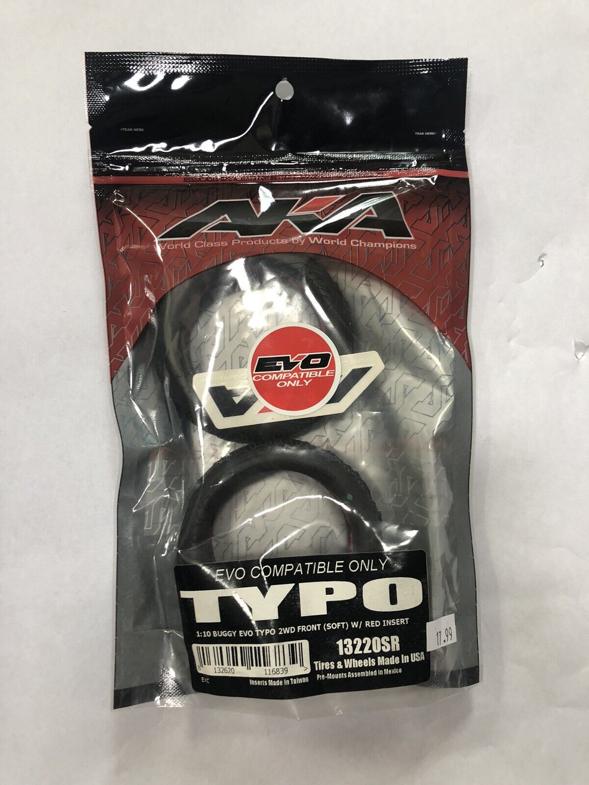 AKA "EVO" Typo Front Tires 1/10 Buggy 2WD (Soft) with Red Inserts, AKA13220SR