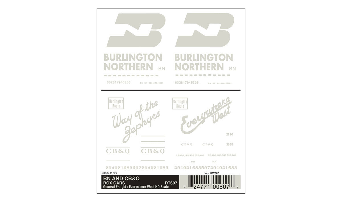 Woodland Scenics DT607 HO Scale Dry Transfer Decals - Boxcar, Burlington Northern / BN and CB&Q