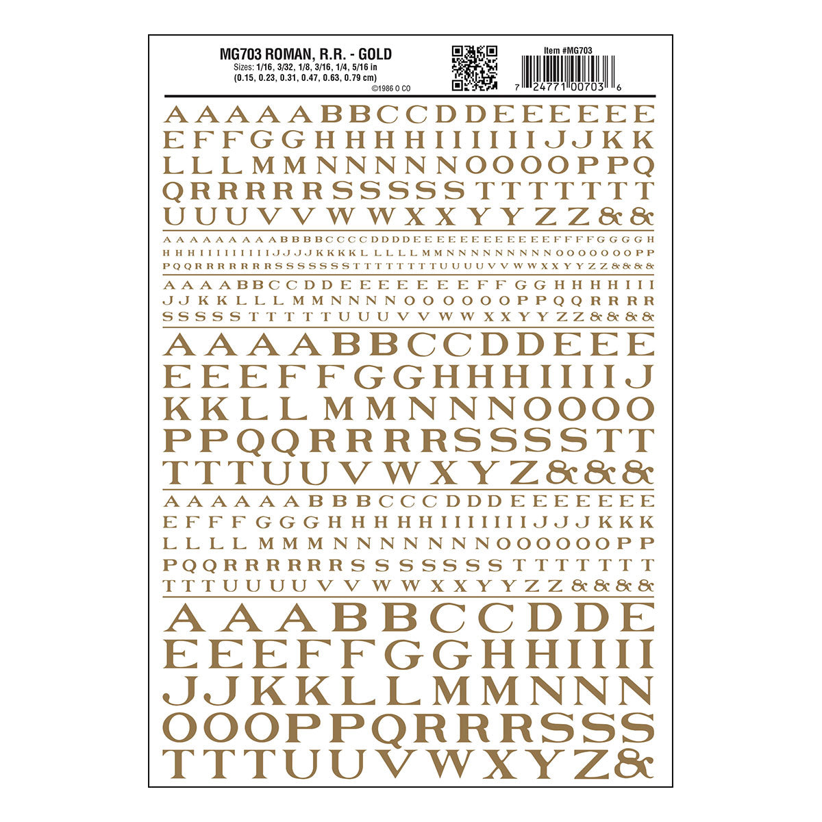 Woodland Scenics MG703 Model Graphics, Roman Letters, Gold